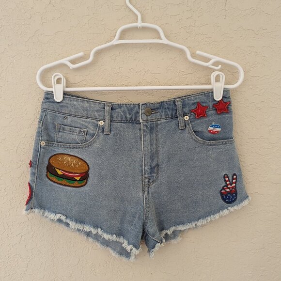 Mossimo Denim High Rise Shorts Patches Patchwork BBQ American Holiday Size 8/28 - Picture 1 of 9